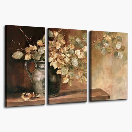 Pale golden blossoms and leaves in a dark green vase on a wooden ledge 3 piece canvas wall art on a white background