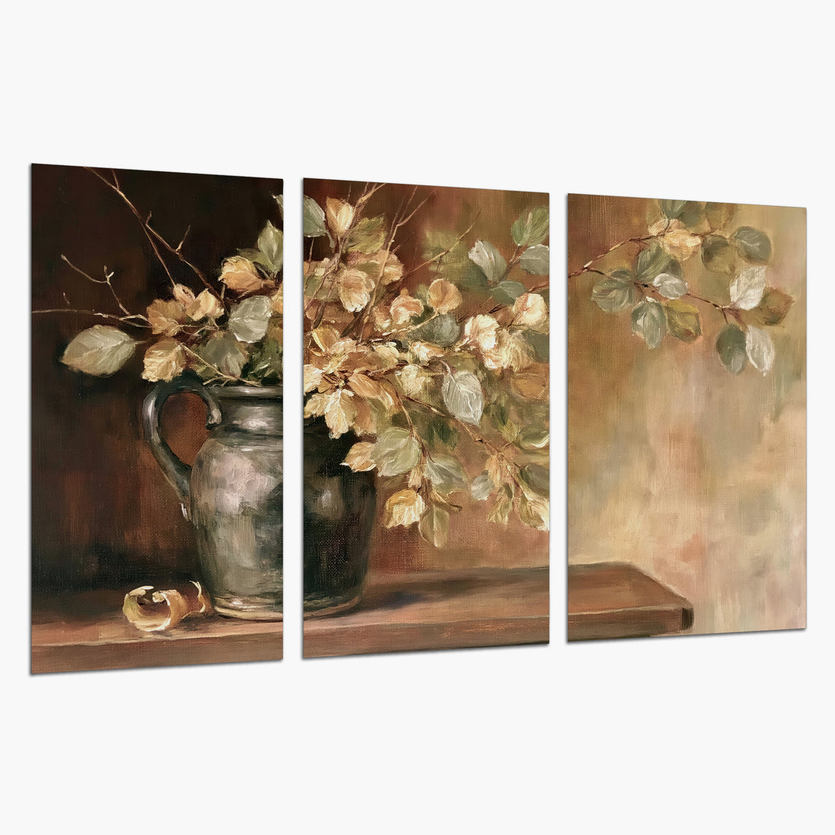Pale golden blossoms and leaves in a dark green vase on a wooden ledge set of 3 poster prints on a white background