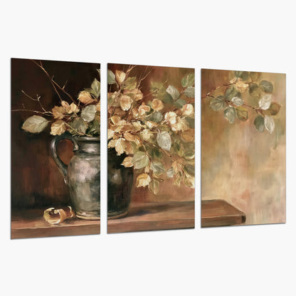 Pale golden blossoms and leaves in a dark green vase on a wooden ledge set of 3 poster prints on a white background