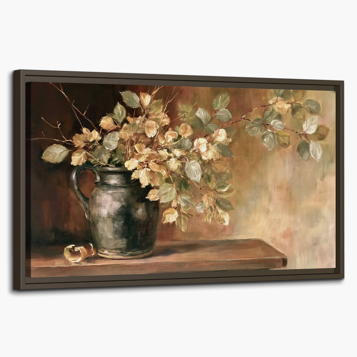 Pale golden blossoms and leaves in a dark green vase on a wooden ledge single framed canvas wall art on a white background