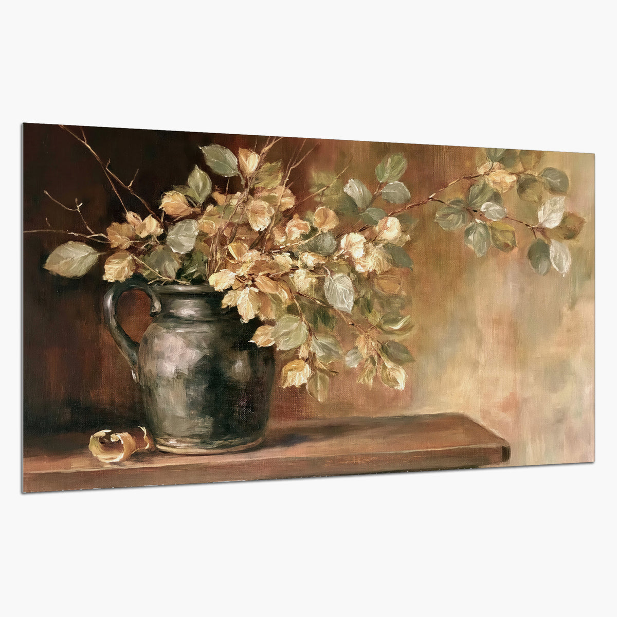 Pale golden blossoms and leaves in a dark green vase on a wooden ledge single poster print on a white background