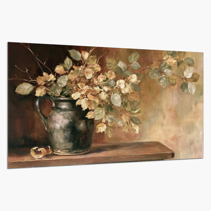 Pale golden blossoms and leaves in a dark green vase on a wooden ledge single poster print on a white background