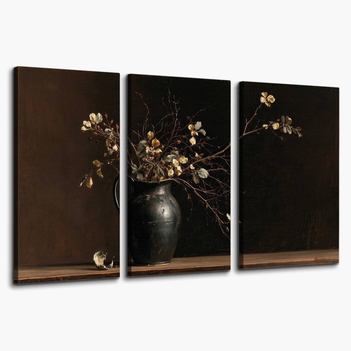 Fine flowering branches in a small dark vase on a wooden table against a deep brown background 3 piece canvas wall art on a white background