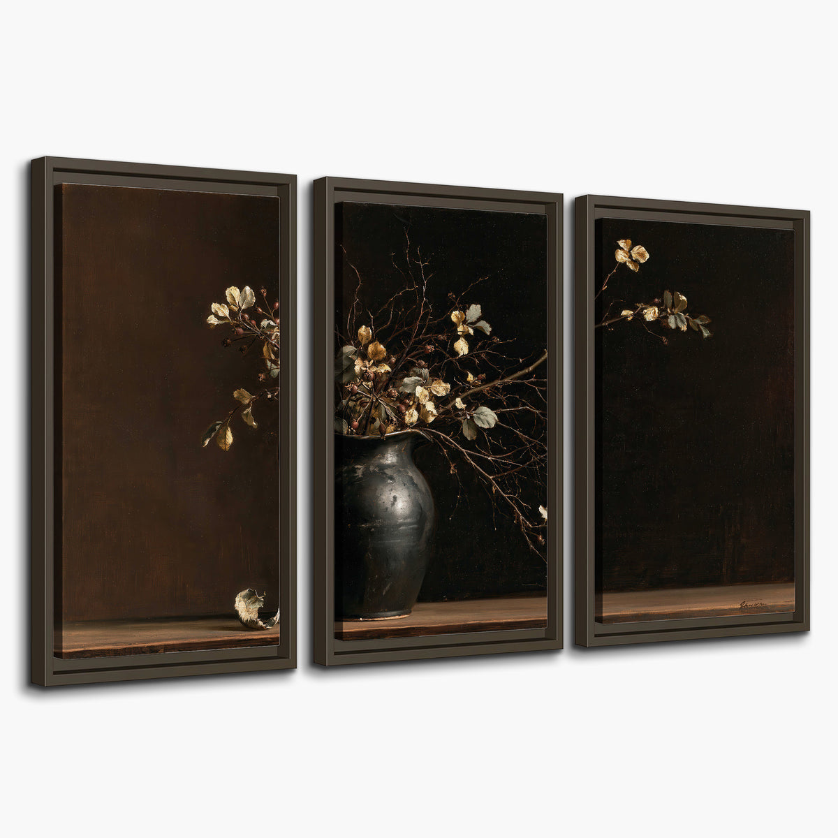 Fine flowering branches in a small dark vase on a wooden table against a deep brown background 3 piece framed canvas wall art on a white background
