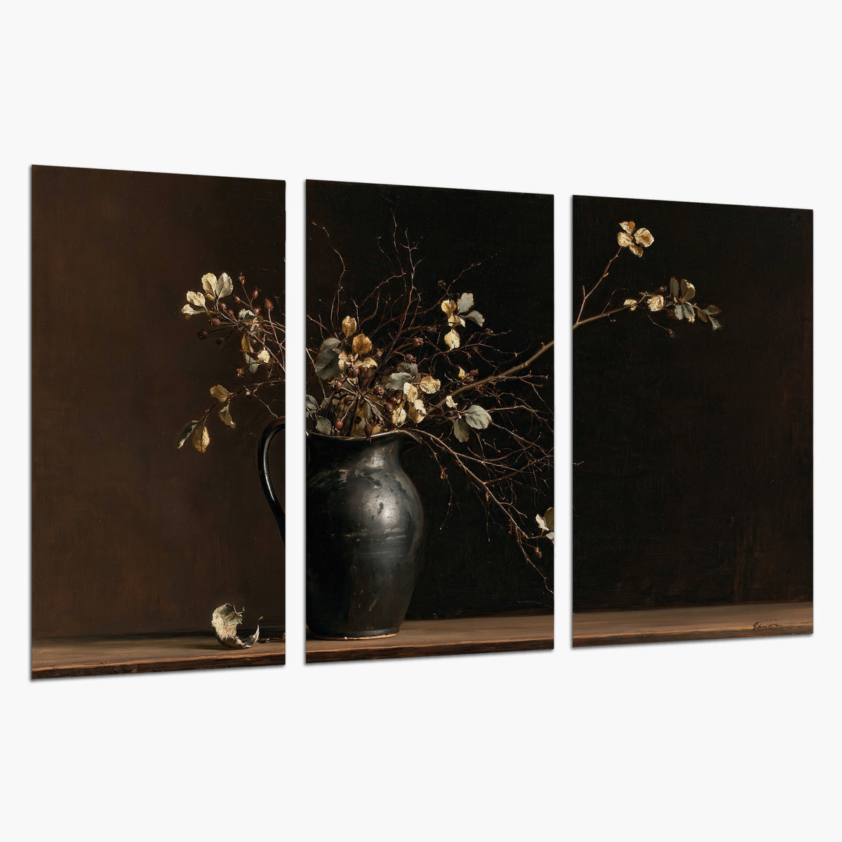 Fine flowering branches in a small dark vase on a wooden table against a deep brown background set of 3 poster prints on a white background