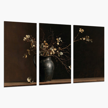 Fine flowering branches in a small dark vase on a wooden table against a deep brown background set of 3 poster prints on a white background