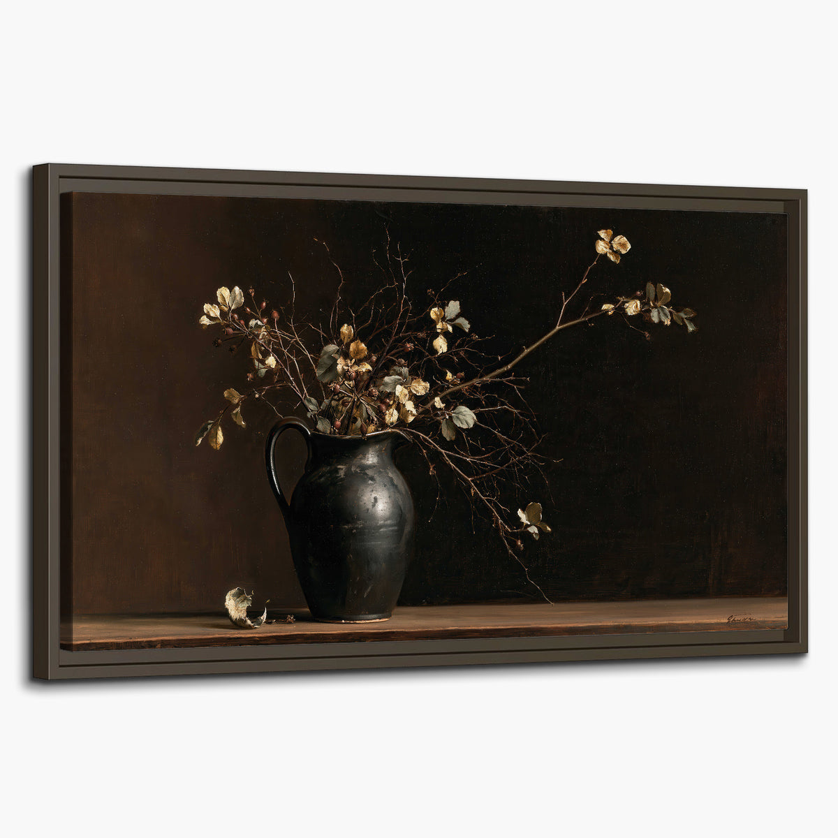 Fine flowering branches in a small dark vase on a wooden table against a deep brown background single framed canvas wall art on a white background