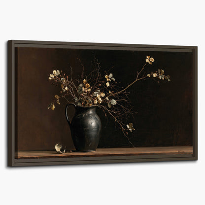 Fine flowering branches in a small dark vase on a wooden table against a deep brown background single framed canvas wall art on a white background