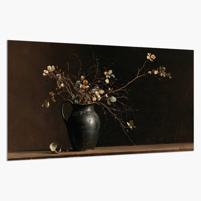 Fine flowering branches in a small dark vase on a wooden table against a deep brown background single poster print on a white background