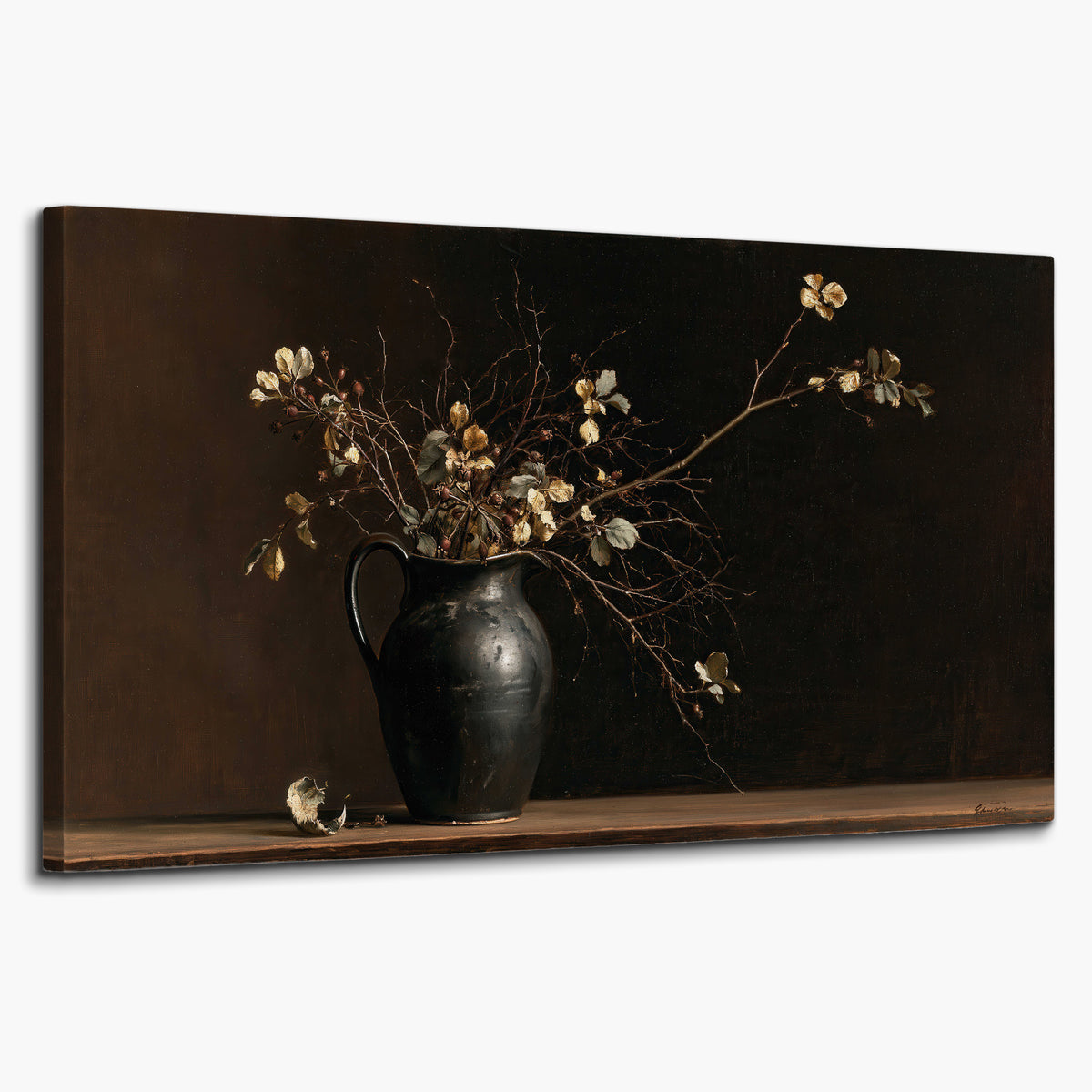 Fine flowering branches in a small dark vase on a wooden table against a deep brown background single canvas wall art on a white background