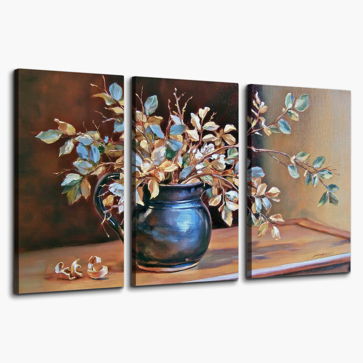 White and peach flowering branches arranged in a blue vase against a warm ochre background 3 piece canvas wall art on a white background