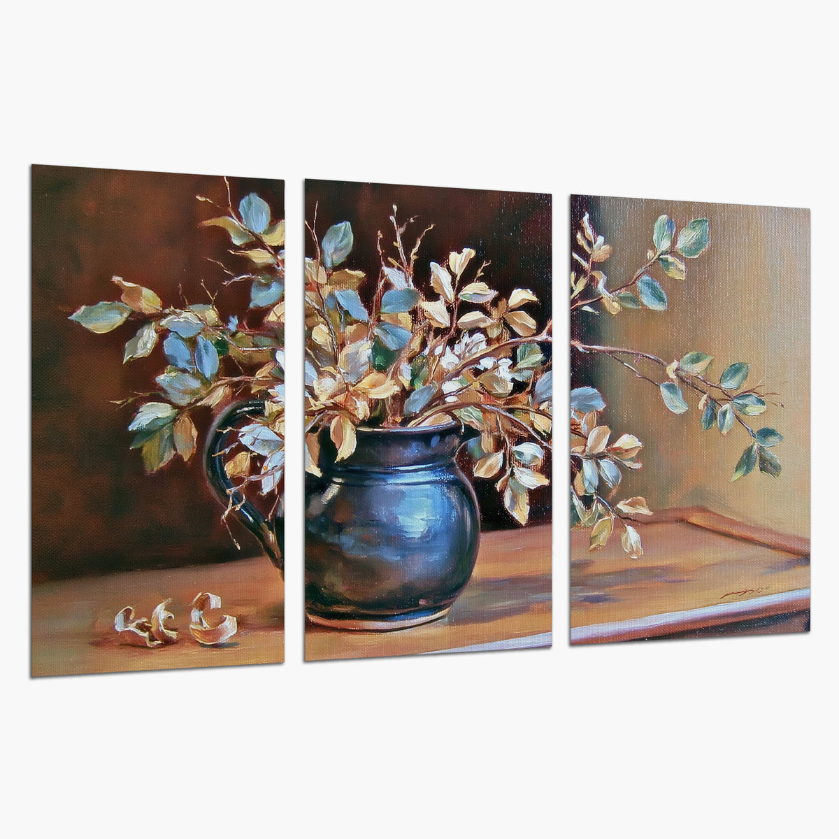 White and peach flowering branches arranged in a blue vase against a warm ochre background set of 3 poster prints on a white background