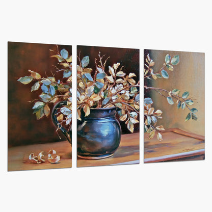 White and peach flowering branches arranged in a blue vase against a warm ochre background set of 3 poster prints on a white background