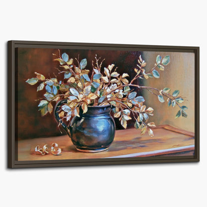 White and peach flowering branches arranged in a blue vase against a warm ochre background single framed canvas wall art on a white background