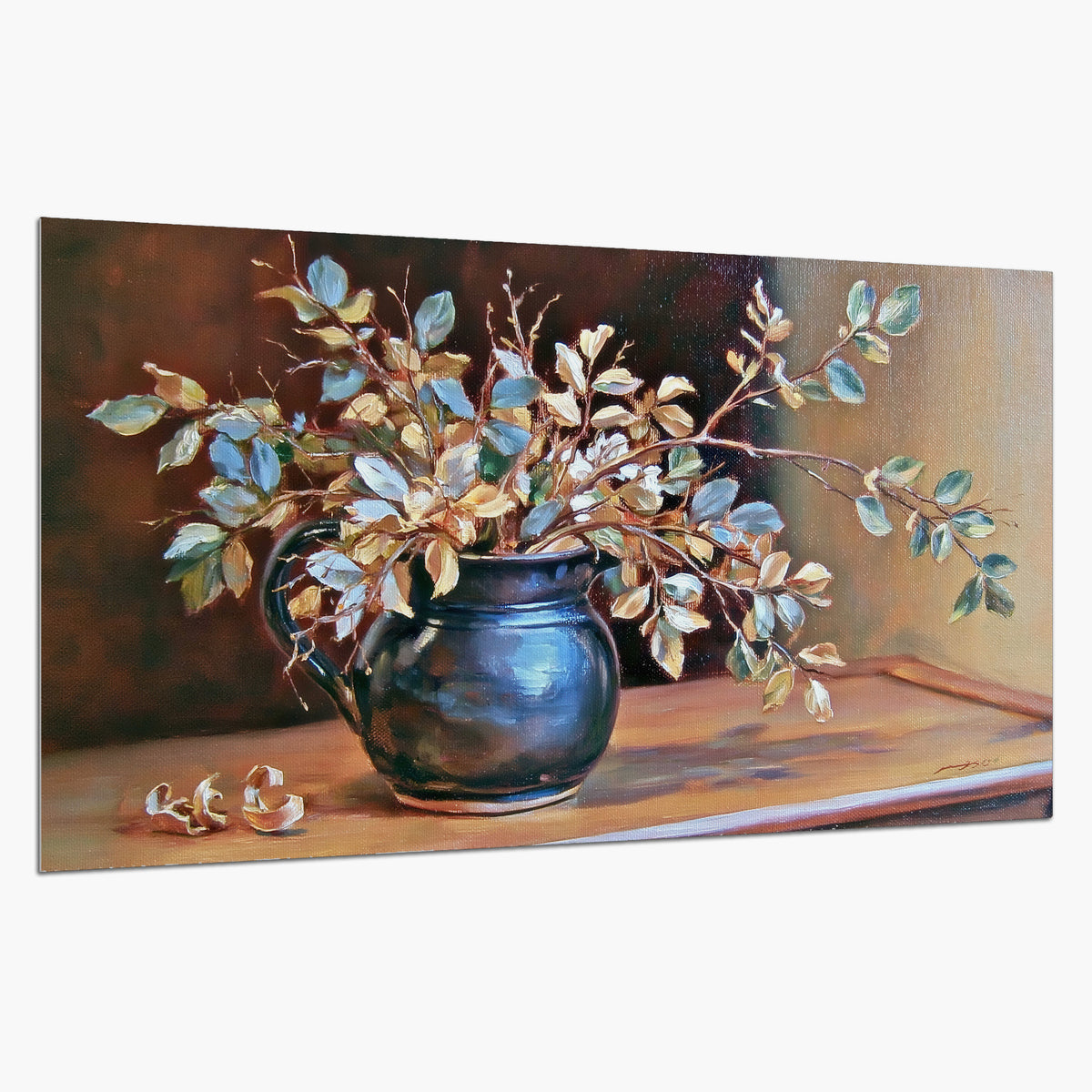 White and peach flowering branches arranged in a blue vase against a warm ochre background single poster print on a white background