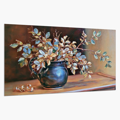 White and peach flowering branches arranged in a blue vase against a warm ochre background single poster print on a white background