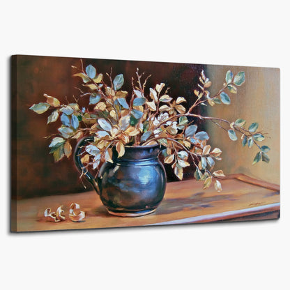 White and peach flowering branches arranged in a blue vase against a warm ochre background single canvas wall art on a white background