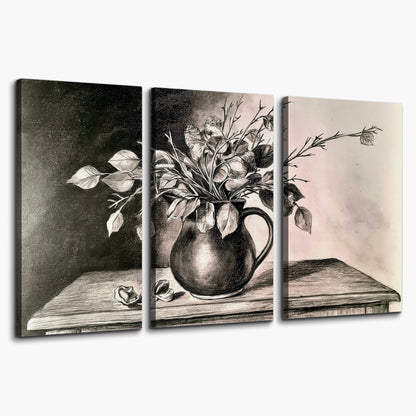 Leafy flowering branches in a rounded pitcher rendered in expressive charcoal-style strokes 3 piece canvas wall art on a white background
