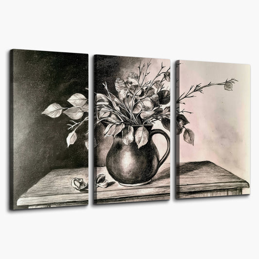 Leafy flowering branches in a rounded pitcher rendered in expressive charcoal-style strokes 3 piece canvas wall art on a white background