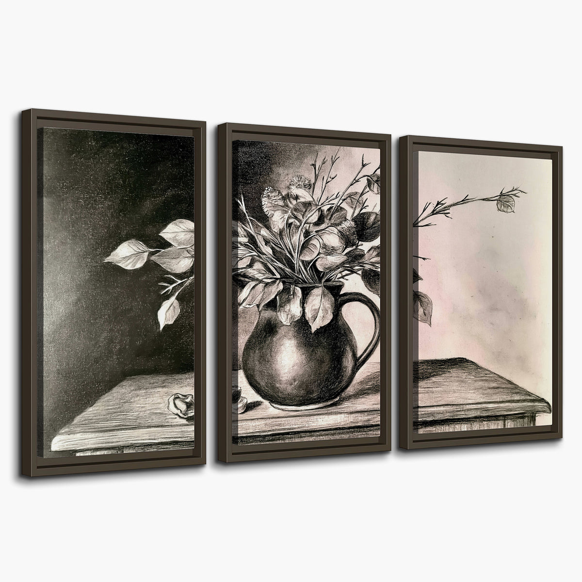 Leafy flowering branches in a rounded pitcher rendered in expressive charcoal-style strokes 3 piece framed canvas wall art on a white background