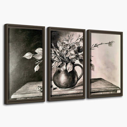 Leafy flowering branches in a rounded pitcher rendered in expressive charcoal-style strokes 3 piece framed canvas wall art on a white background