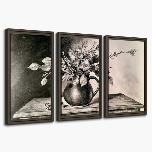 Leafy flowering branches in a rounded pitcher rendered in expressive charcoal-style strokes 3 piece framed canvas wall art on a white background
