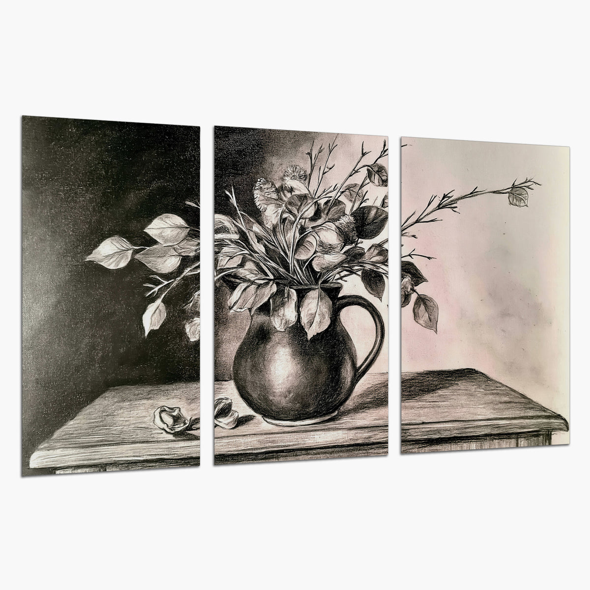 Leafy flowering branches in a rounded pitcher rendered in expressive charcoal-style strokes set of 3 poster prints on a white background