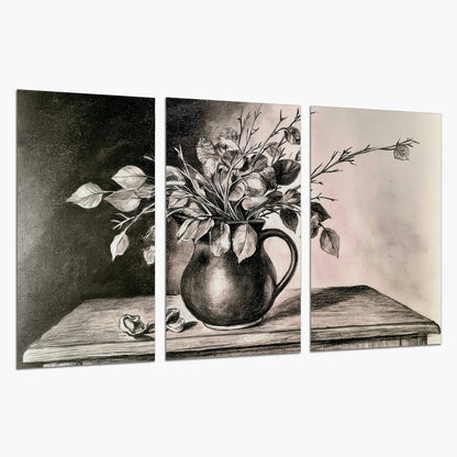 Leafy flowering branches in a rounded pitcher rendered in expressive charcoal-style strokes set of 3 poster prints on a white background