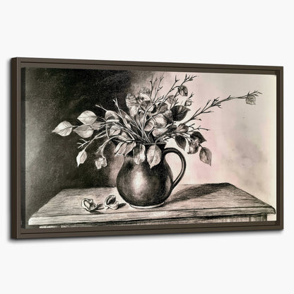 Leafy flowering branches in a rounded pitcher rendered in expressive charcoal-style strokes single framed canvas wall art on a white background