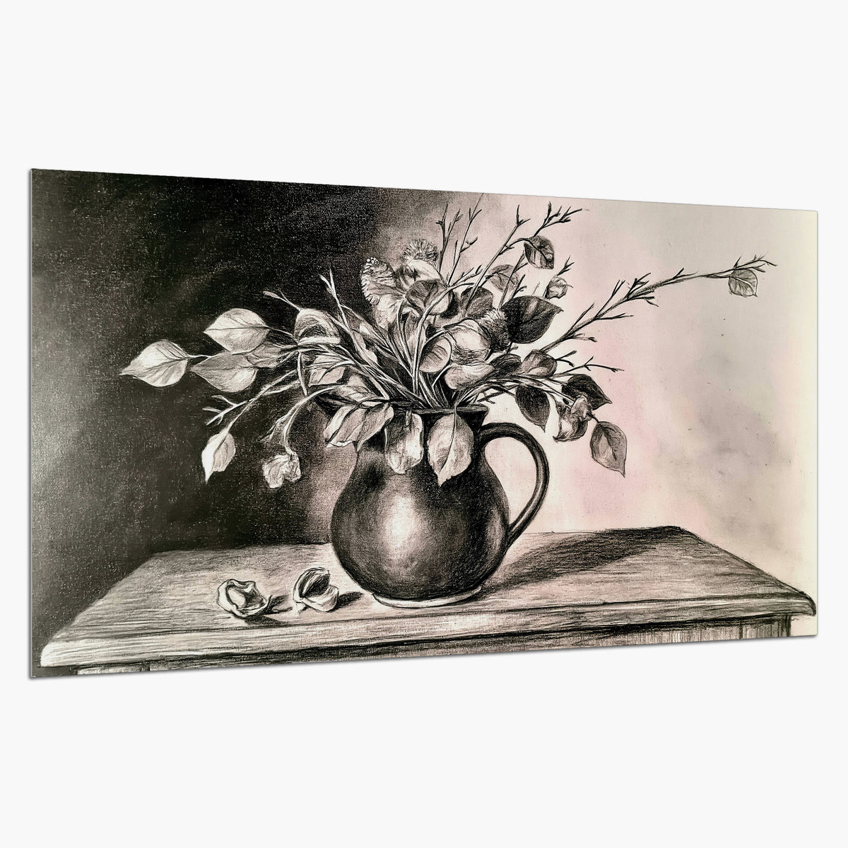 Leafy flowering branches in a rounded pitcher rendered in expressive charcoal-style strokes single poster print on a white background