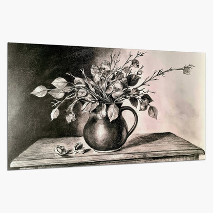 Leafy flowering branches in a rounded pitcher rendered in expressive charcoal-style strokes single poster print on a white background