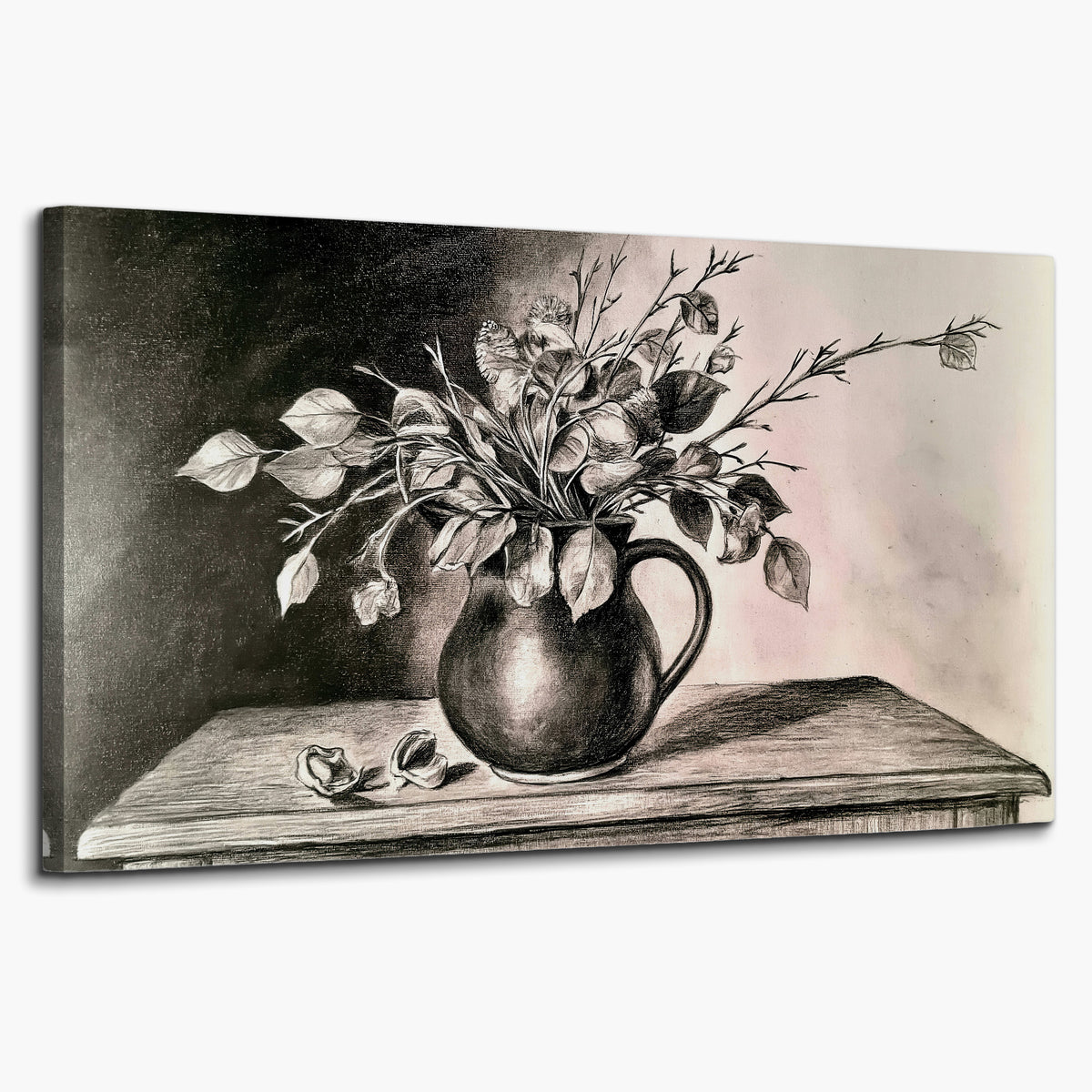 Leafy flowering branches in a rounded pitcher rendered in expressive charcoal-style strokes single canvas wall art on a white background