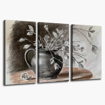 Fine leafy branches spilling from a dark rounded vase in a soft monochrome still life 3 piece canvas wall art on a white background