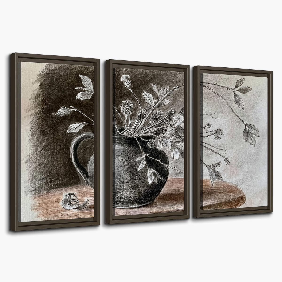 Fine leafy branches spilling from a dark rounded vase in a soft monochrome still life 3 piece framed canvas wall art on a white background