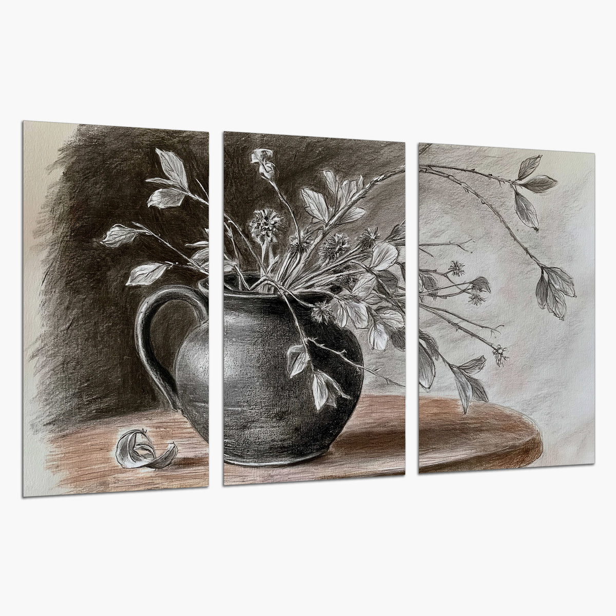 Fine leafy branches spilling from a dark rounded vase in a soft monochrome still life set of 3 poster prints on a white background