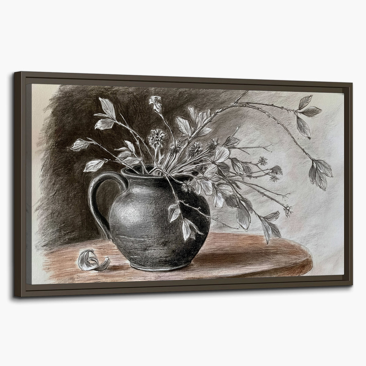 Fine leafy branches spilling from a dark rounded vase in a soft monochrome still life single framed canvas wall art on a white background