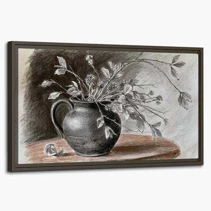 Fine leafy branches spilling from a dark rounded vase in a soft monochrome still life single framed canvas wall art on a white background