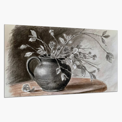 Fine leafy branches spilling from a dark rounded vase in a soft monochrome still life single poster print on a white background