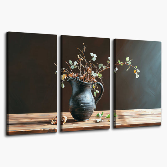 A delicate arrangement of pale blossoms in a blue vase on a sunlit wooden table 3 piece canvas wall art on a white background