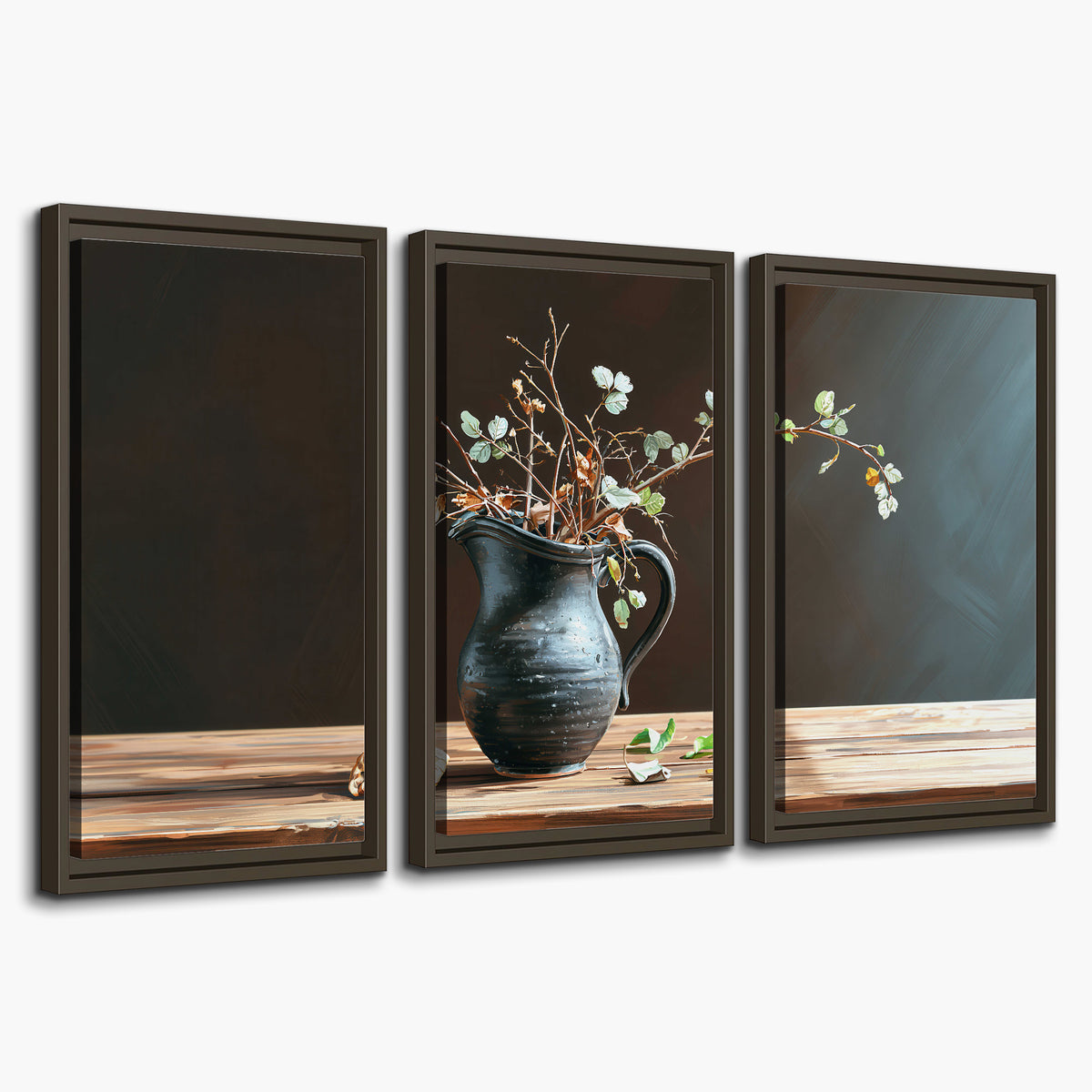 A delicate arrangement of pale blossoms in a blue vase on a sunlit wooden table 3 piece framed canvas wall art on a white background