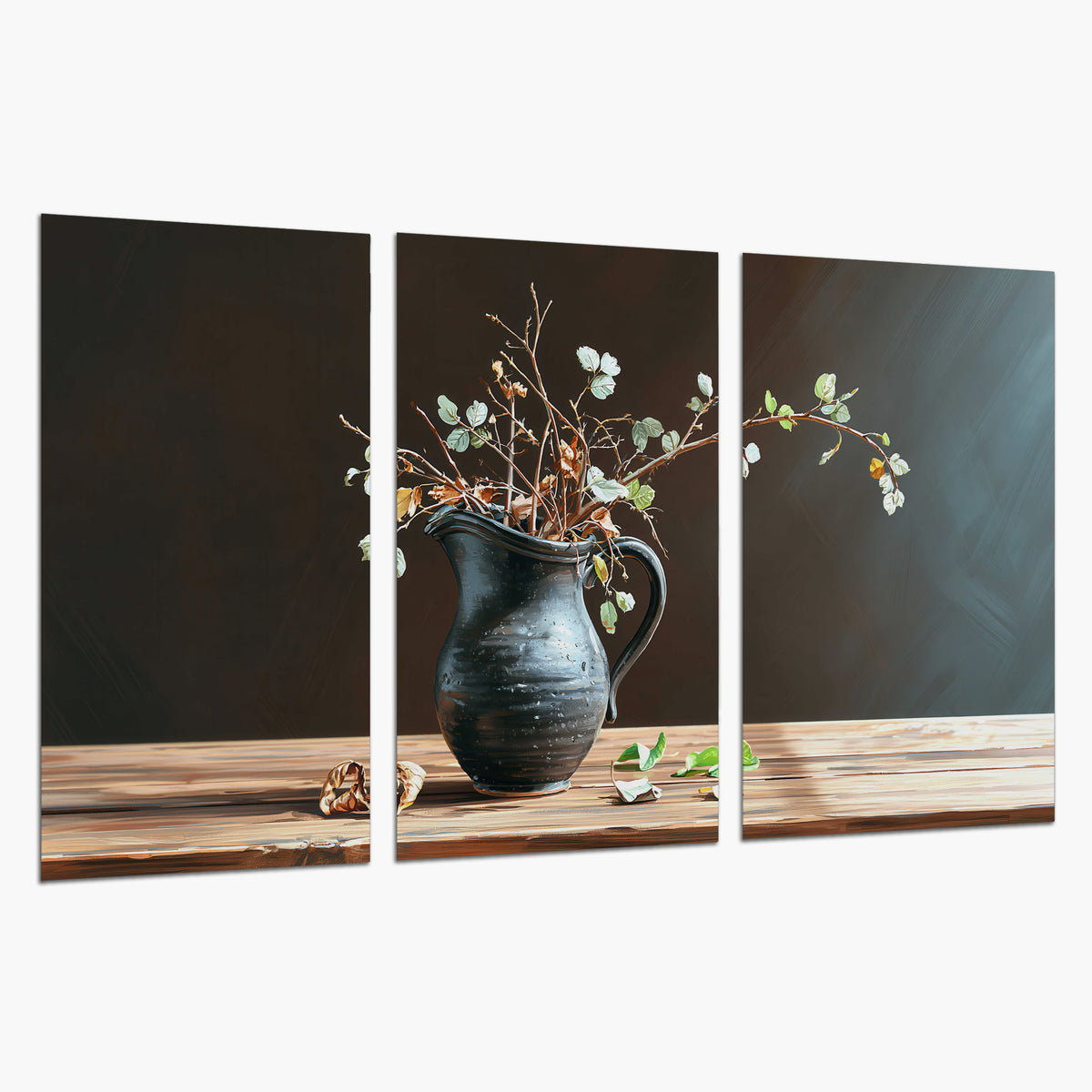 A delicate arrangement of pale blossoms in a blue vase on a sunlit wooden table set of 3 poster prints on a white background