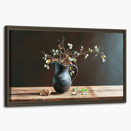 A delicate arrangement of pale blossoms in a blue vase on a sunlit wooden table single framed canvas wall art on a white background