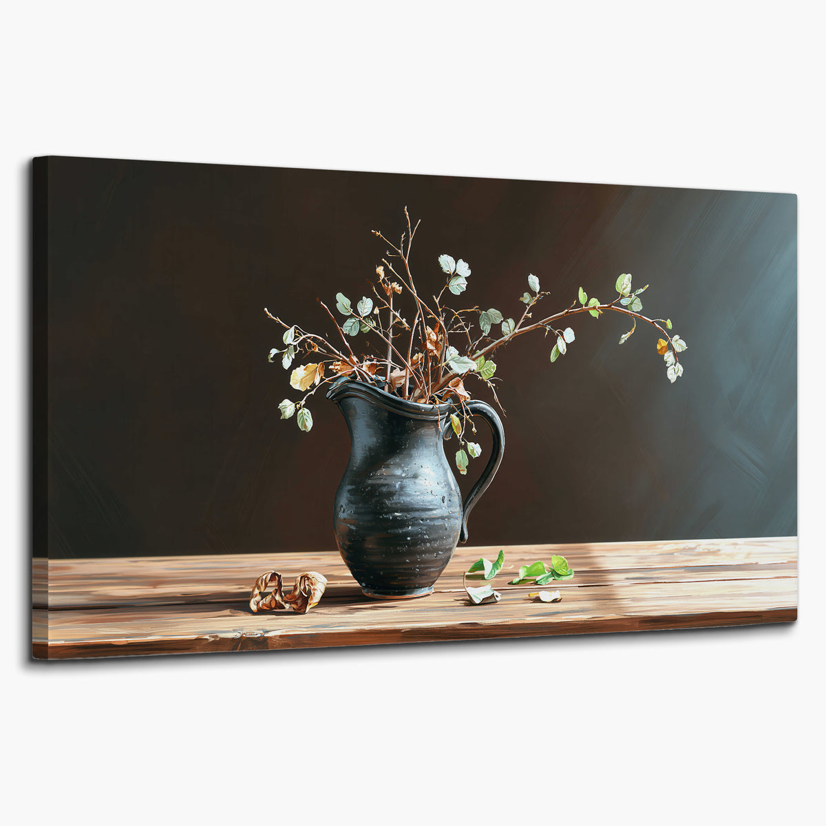 A delicate arrangement of pale blossoms in a blue vase on a sunlit wooden table single canvas wall art on a white background