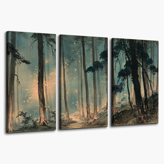 Warm shafts of light falling between tall dark pine trees in a misty green forest 3 piece canvas wall art on a white background
