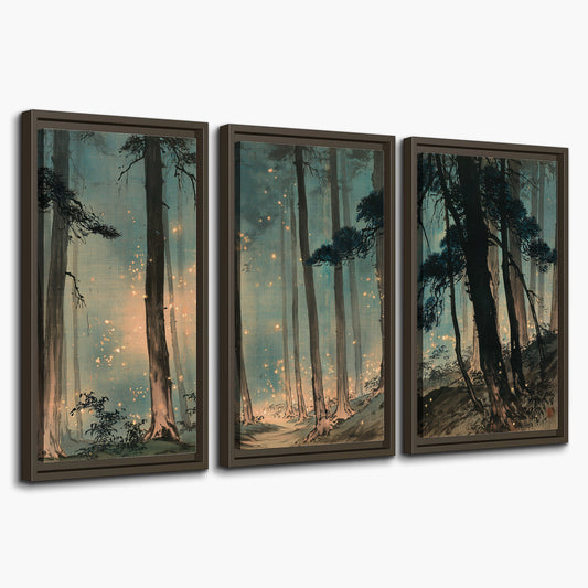Warm shafts of light falling between tall dark pine trees in a misty green forest 3 piece framed canvas wall art on a white background