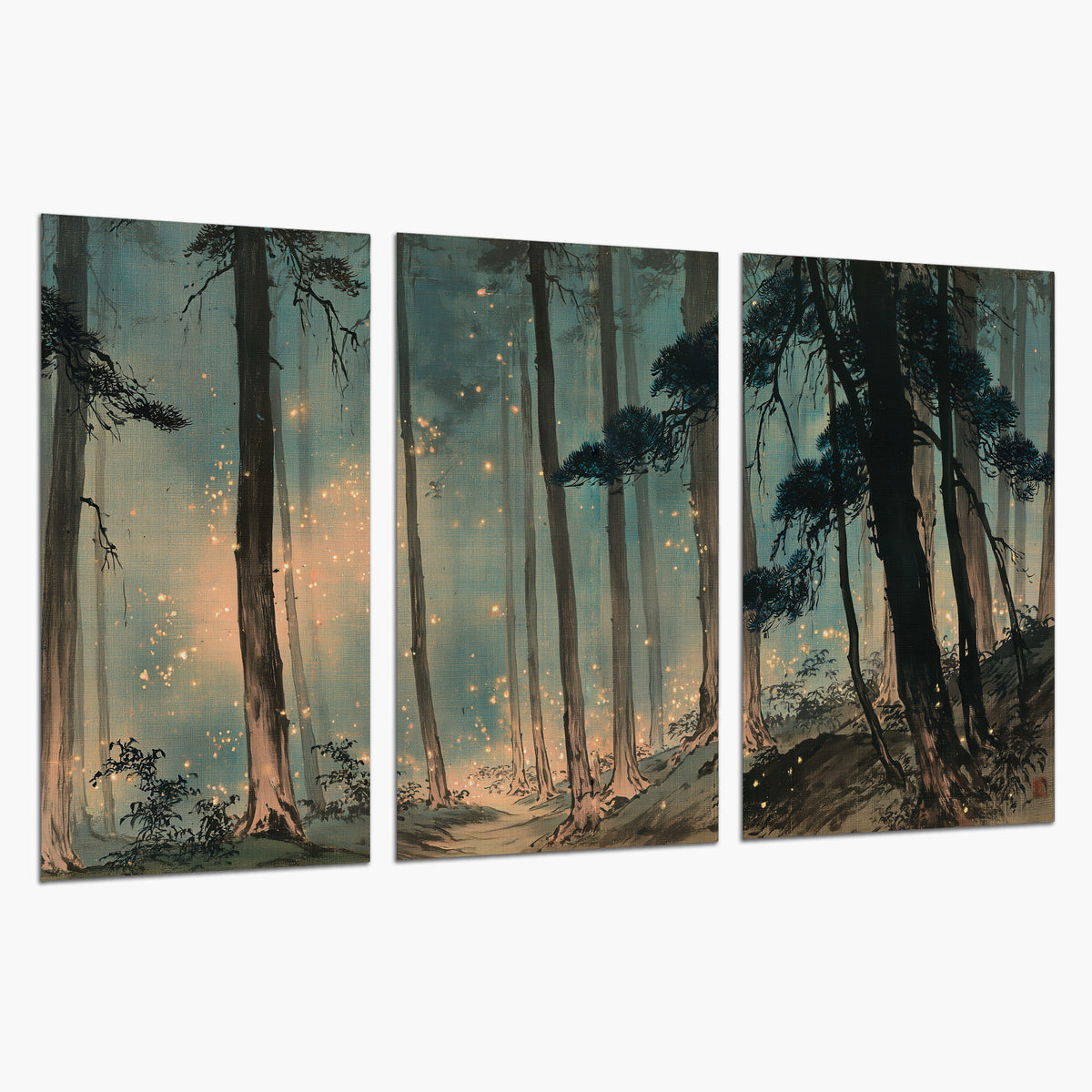 Warm shafts of light falling between tall dark pine trees in a misty green forest set of 3 poster prints on a white background
