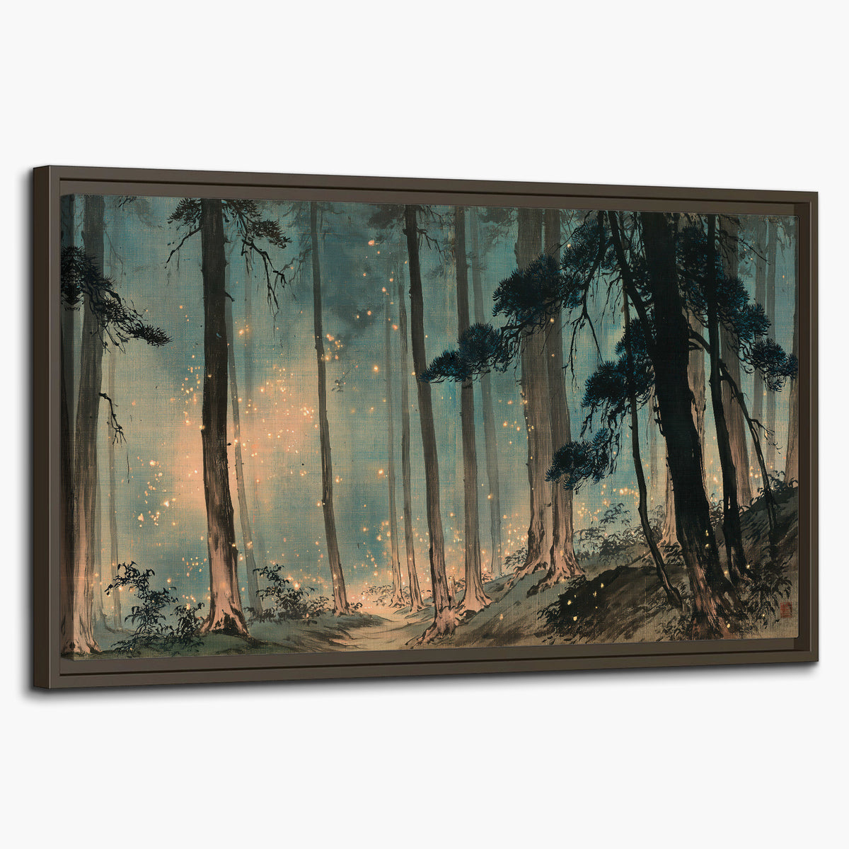 Warm shafts of light falling between tall dark pine trees in a misty green forest single framed canvas wall art on a white background