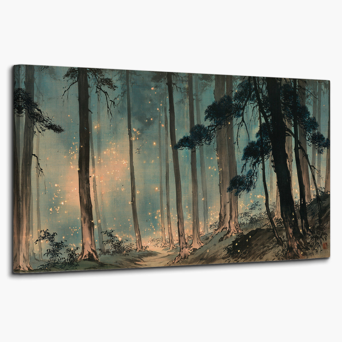 Warm shafts of light falling between tall dark pine trees in a misty green forest single canvas wall art on a white background