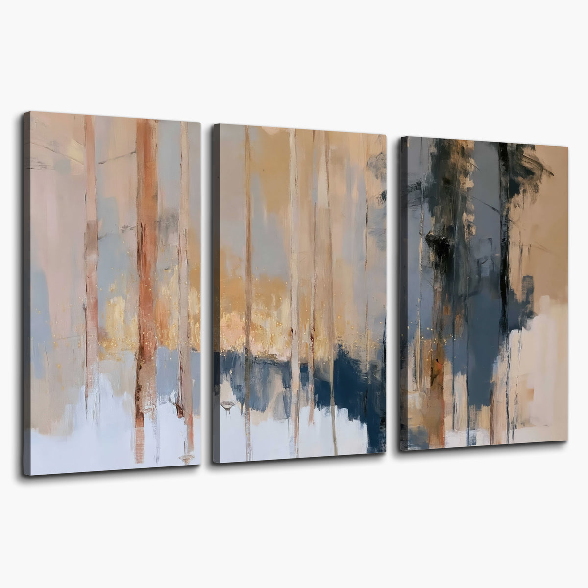 Vertical strokes of cream, blue and ochre suggesting a quiet woodland 3 piece canvas wall art on a white background