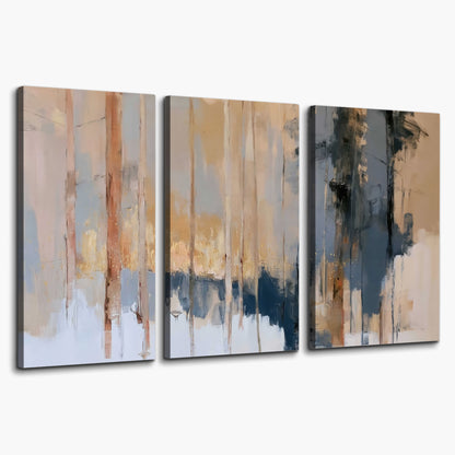 Vertical strokes of cream, blue and ochre suggesting a quiet woodland 3 piece canvas wall art on a white background
